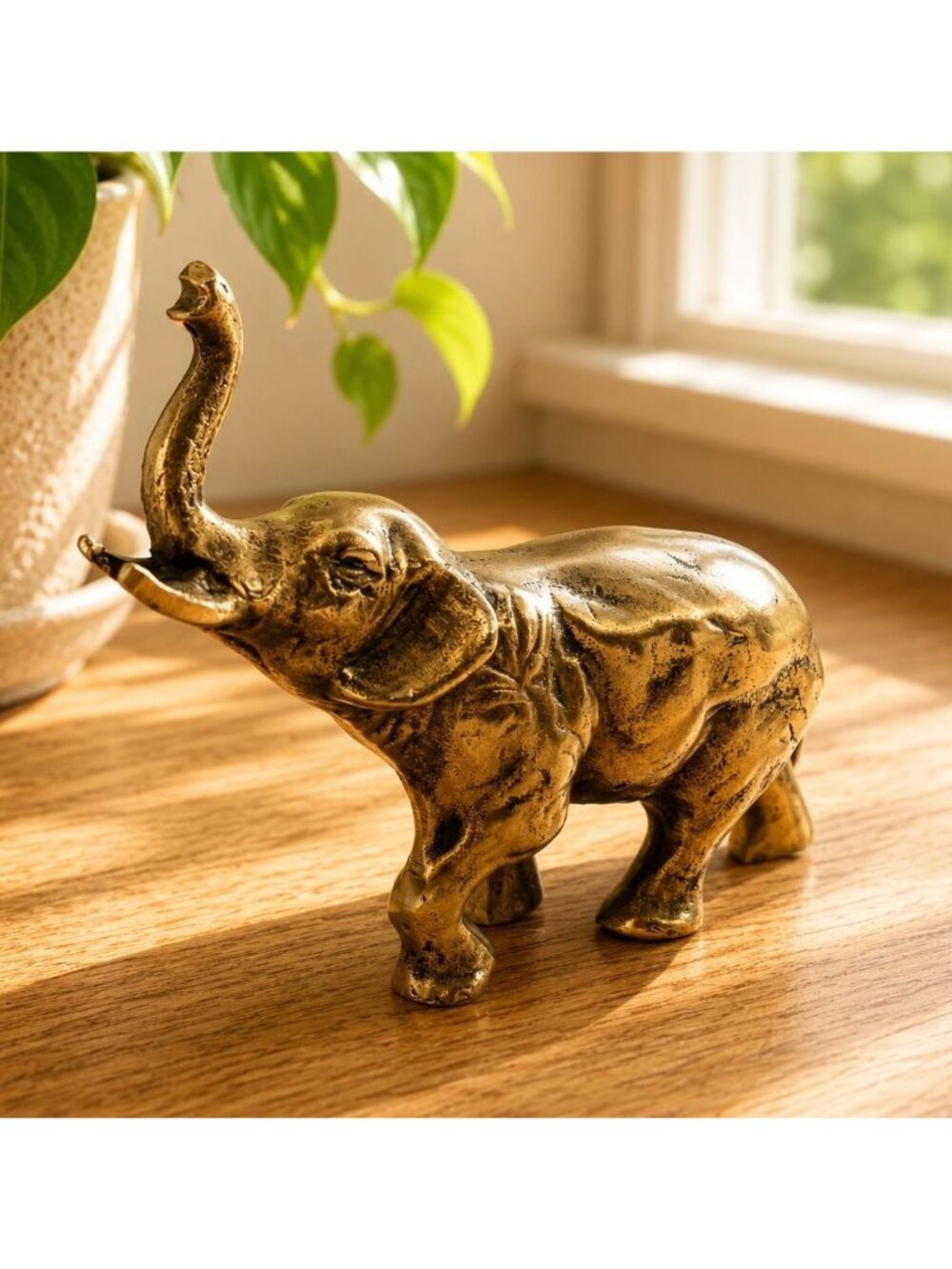 Brass Elephant Figurine Statue With Raised Trunk 4" Tall Decorative Vintage Acce
